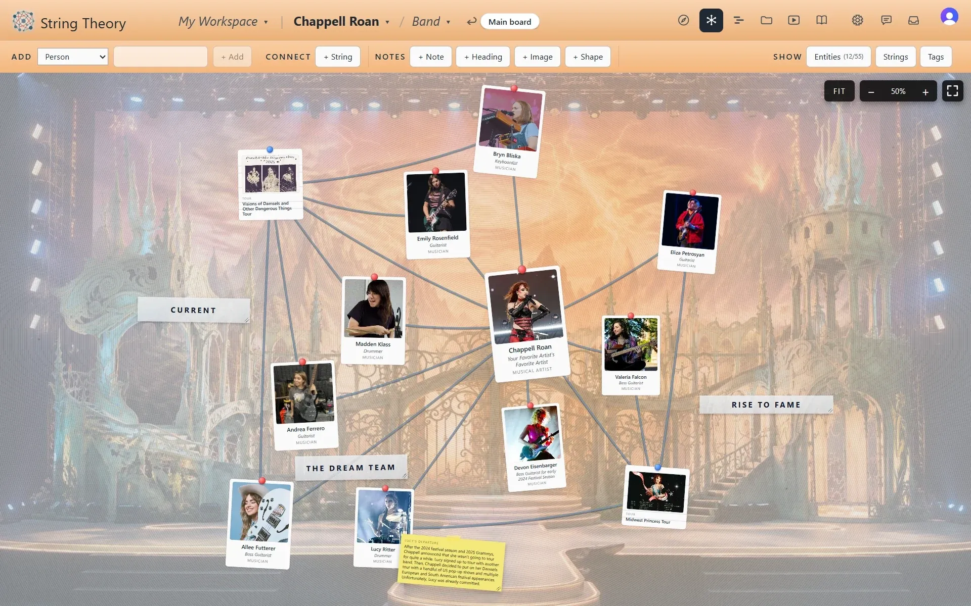 The Band board that the chevron opens: the band members as photo cards connected by strings, with a breadcrumb at the top reading Main board.