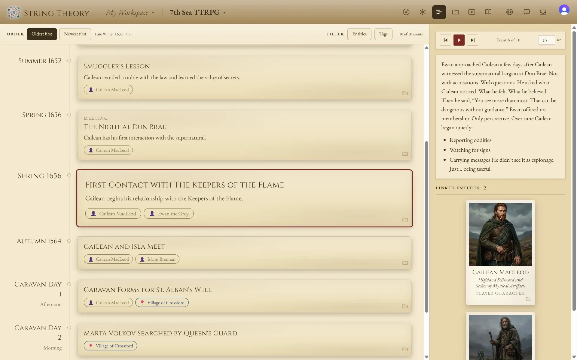 The campaign's timeline on the Parchment skin: events dated in seasons of a fictional calendar, one selected, with a side rail telling what happened at the standing stones and the character it involves.