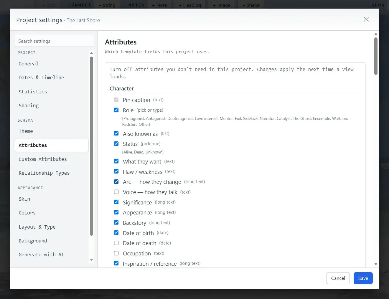 The Attributes panel in Project settings for a Story project: a checklist of Character fields—role, also known as, status, what they want, flaw, arc, voice, significance, appearance, backstory, dates—each with a checkbox and the kind of input it uses.
