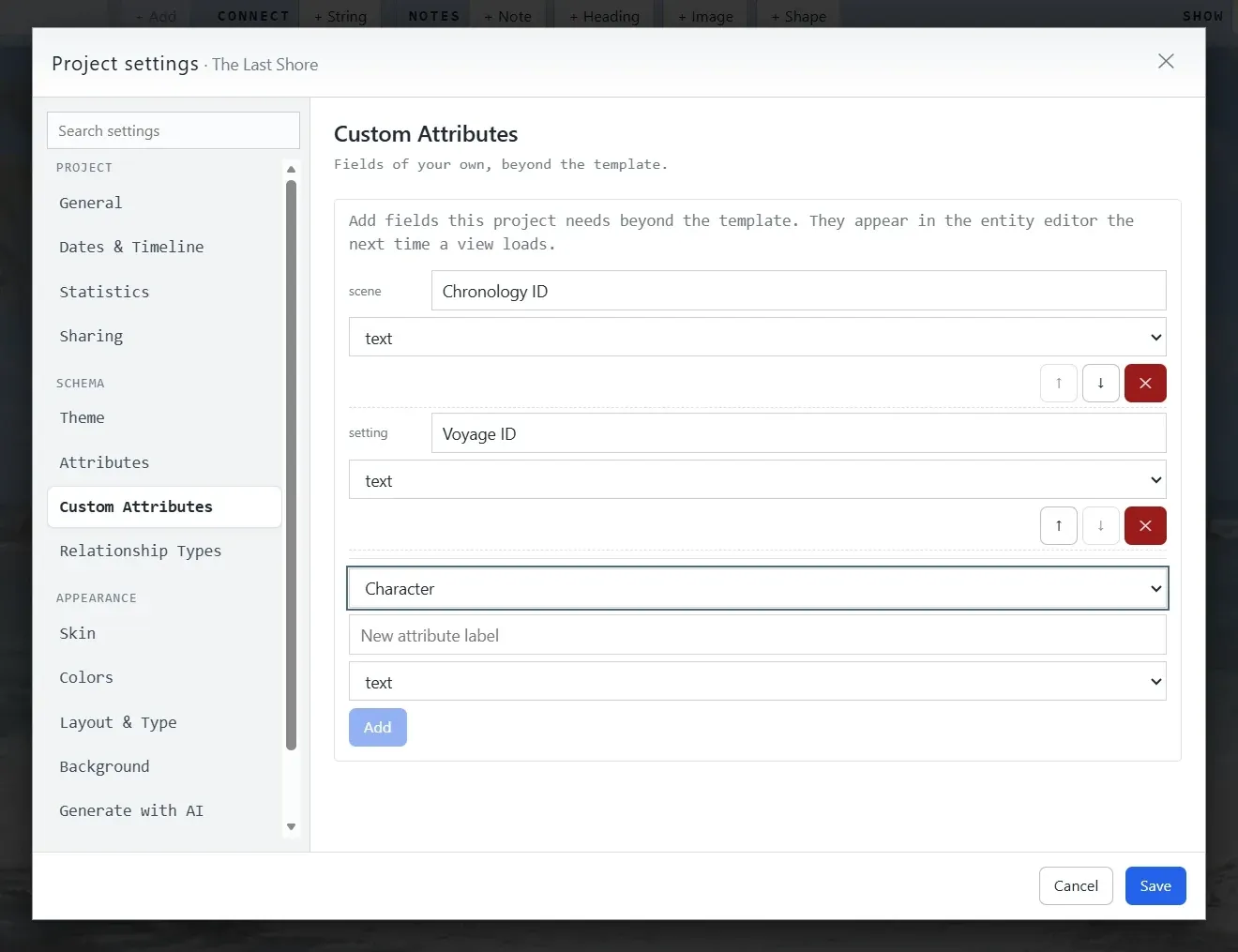 The Custom Attributes panel in Project settings: two custom text fields already added, Chronology ID on scenes and Voyage ID on settings, and a form to add another to any kind.