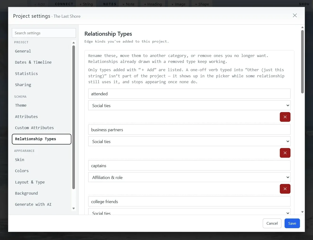 The Relationship Types panel in Project settings, listing relationship kinds added to this project—attended, business partners, captains, college friends—each with a category dropdown and a remove button.