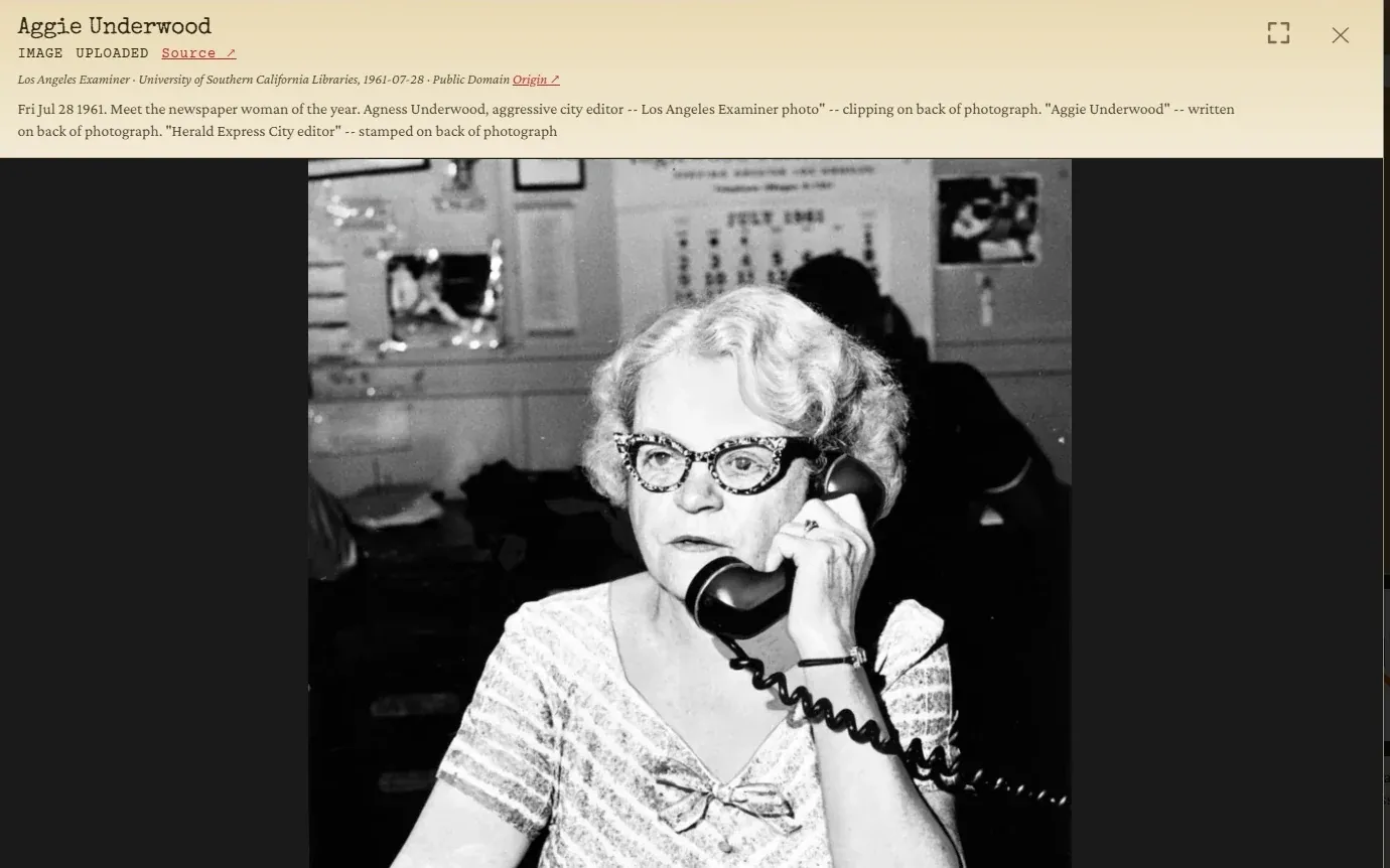 A photo opened in the viewer with a credit line reading “Los Angeles Examiner · University of Southern California Libraries, 1961-07-28 · Public Domain”.