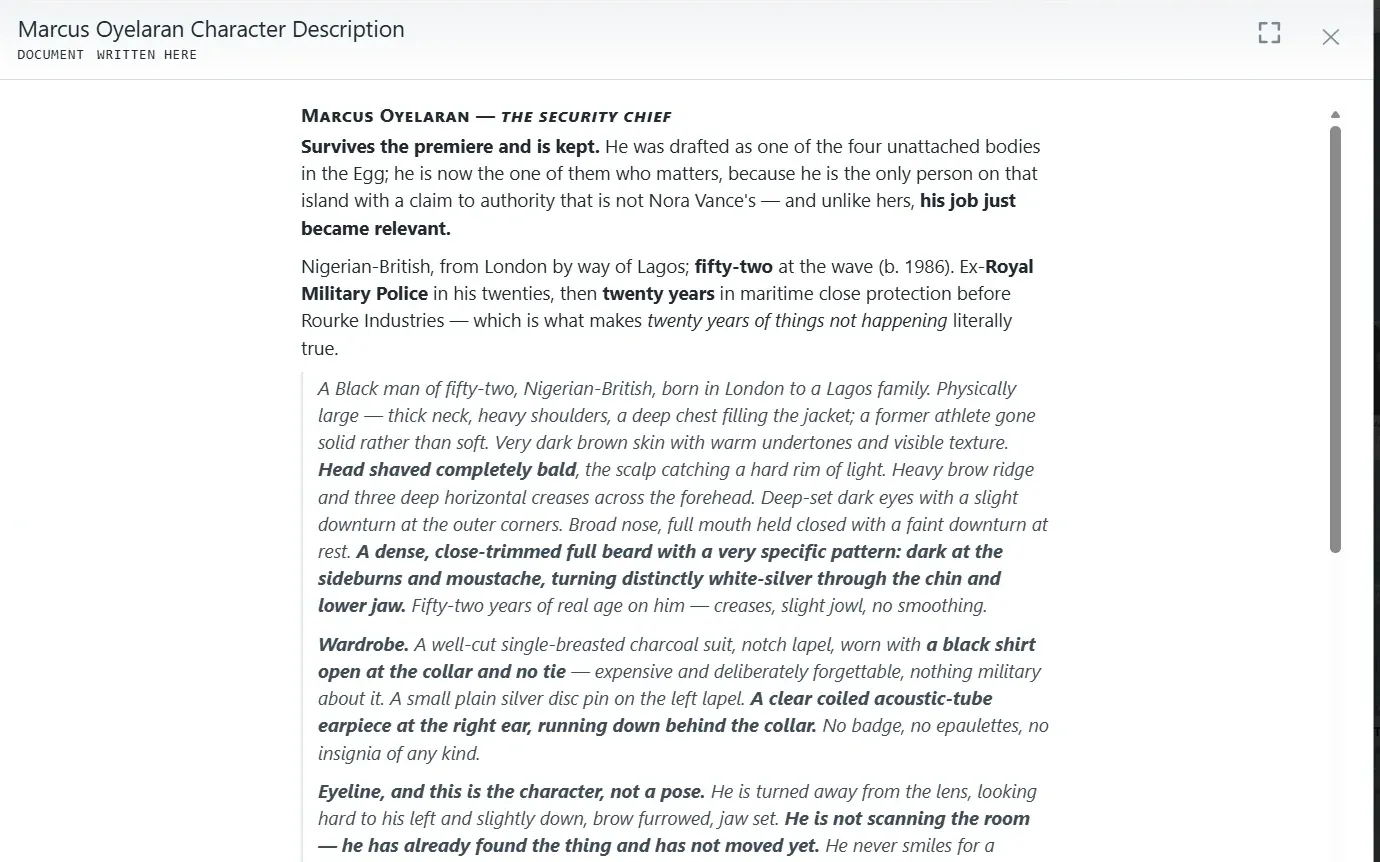 A written document open in the app, titled “Marcus Oyelaran Character Description”, showing several paragraphs of formatted prose.