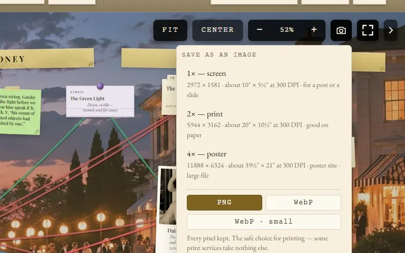 The Save as an image panel open over a corkboard: three sizes, 1× screen, 2× print, and 4× poster, each with its pixel dimensions and size in inches at 300 DPI, and a format choice of PNG, WebP, or WebP small.