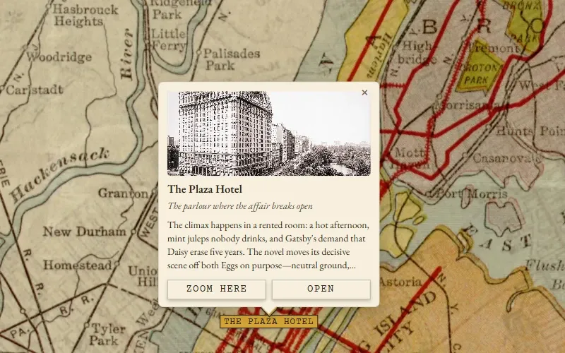 A 1920s map of Manhattan and the Hudson used as the basemap, with a pin for the Plaza Hotel and a callout showing a photograph of the hotel and a note on the scene set there.