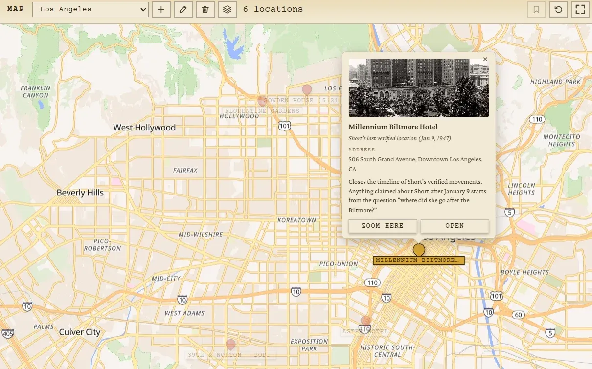 A street map of downtown Los Angeles with a pin for the Millennium Biltmore Hotel and a callout showing a photograph, its address, and a note about the case.