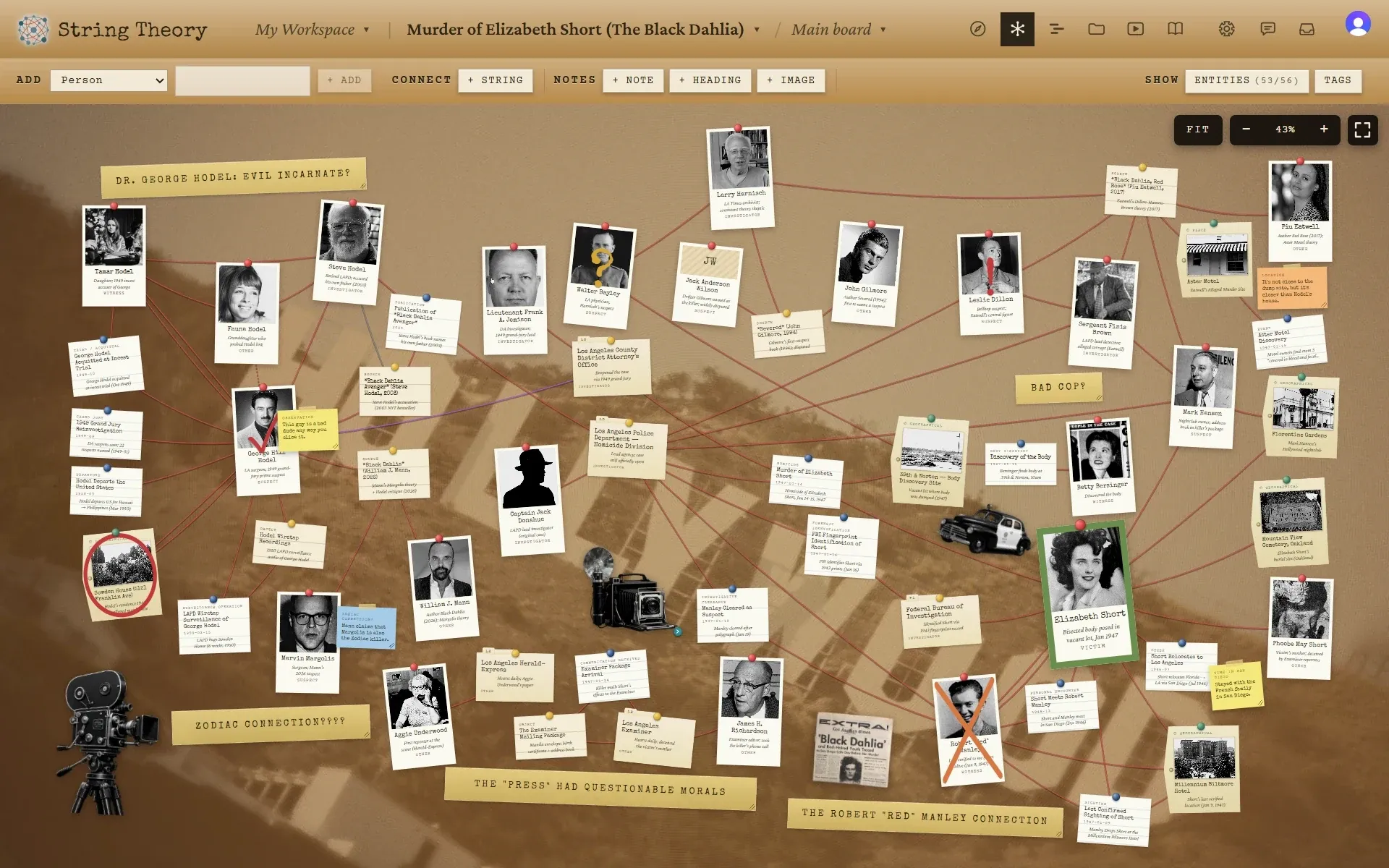 A String Theory board on the Black Dahlia case: photographs and index cards pinned to cork, connected by red string, with masking-tape headings and sticky notes.