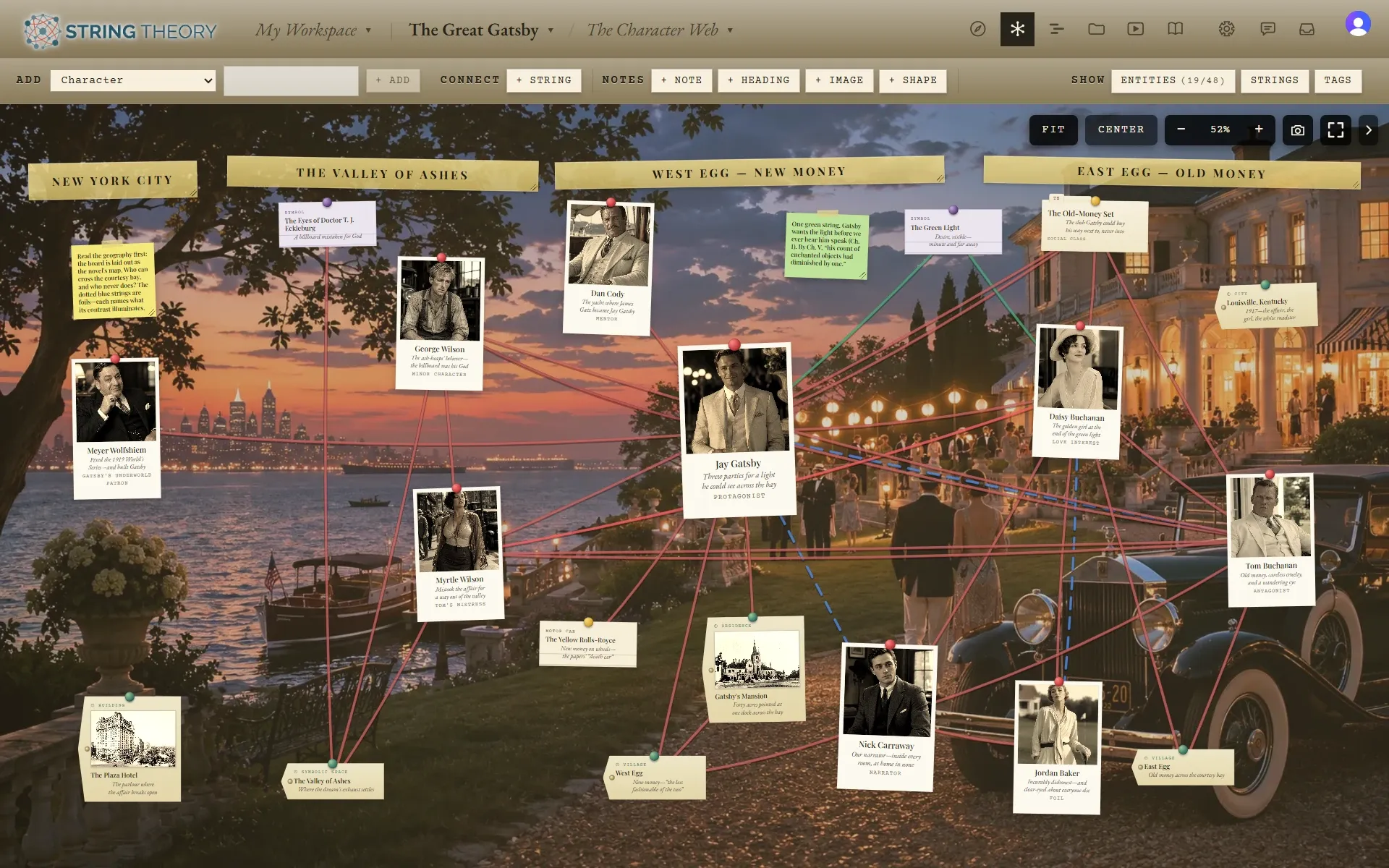 A String Theory board for The Great Gatsby: photo cards for the characters over a painting of a lawn party at dusk, grouped under headings for New York City, the Valley of Ashes, West Egg, and East Egg, and connected by strings.