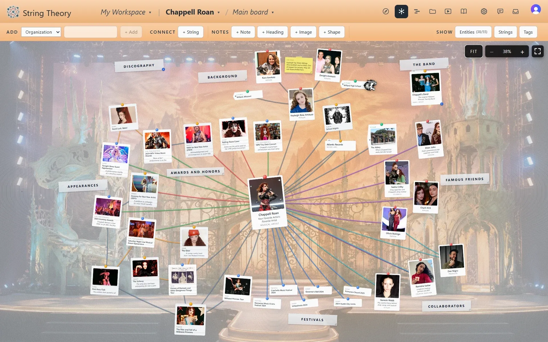 A String Theory board mapping Chappell Roan: photo cards for songs, albums, tours, and collaborators on a stage backdrop, connected by strings in several colors.