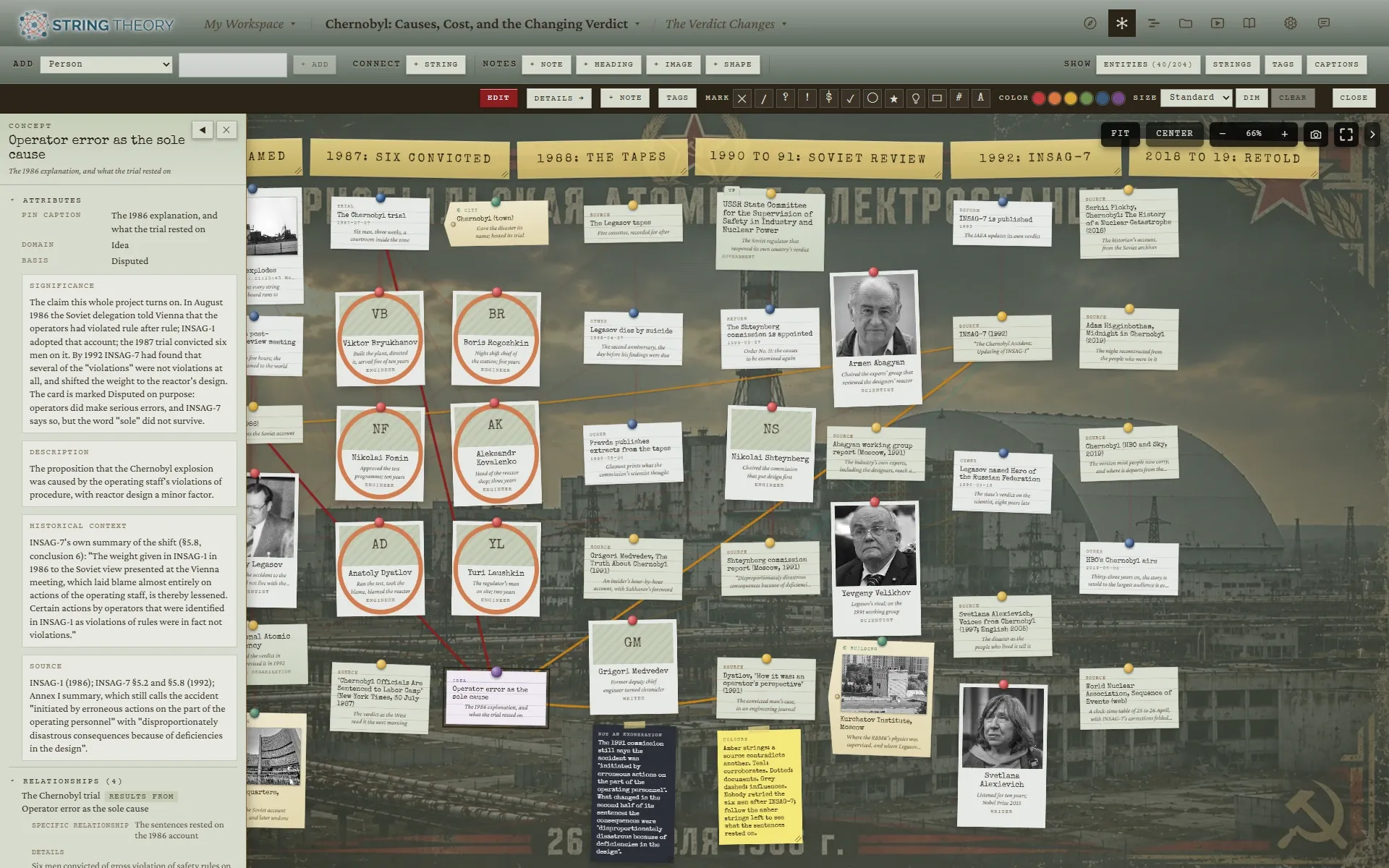 A dossier panel docked beside the board for the concept Operator error as the sole cause, showing a basis of Disputed, a significance note, historical context quoting INSAG-7, its sources, and its relationships.