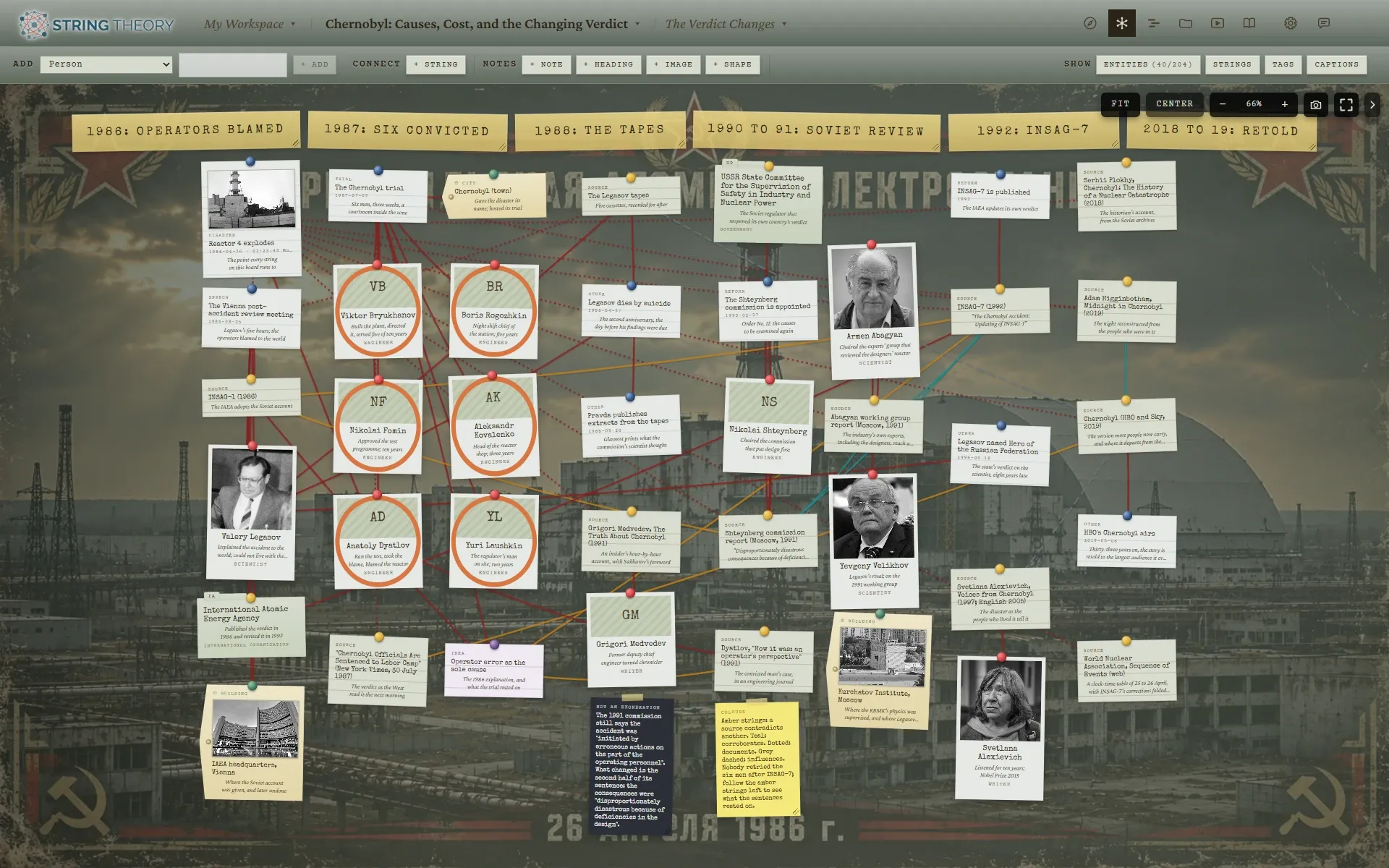 A board titled The Verdict Changes, with masking-tape headings for each year from 1986 to 2019, report and source cards connected by red, amber, teal, and dotted strings, and orange rings around the cards of the six men convicted in 1987.