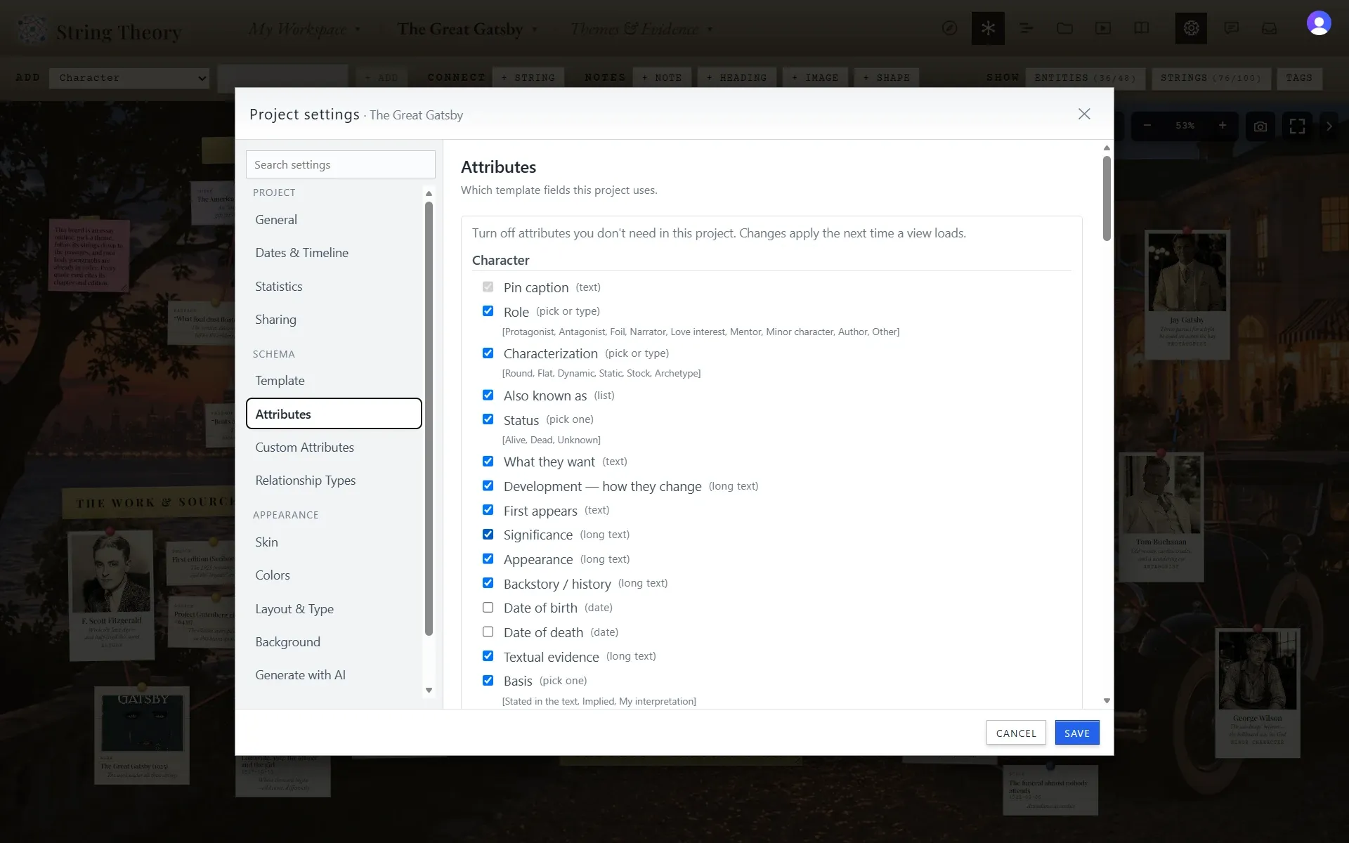 The Attributes panel in Project settings listing the Character fields of the Literary Analysis template, including role, characterization, also known as, status, what they want, development, first appears, significance, appearance, backstory, textual evidence, and basis, each with a checkbox.