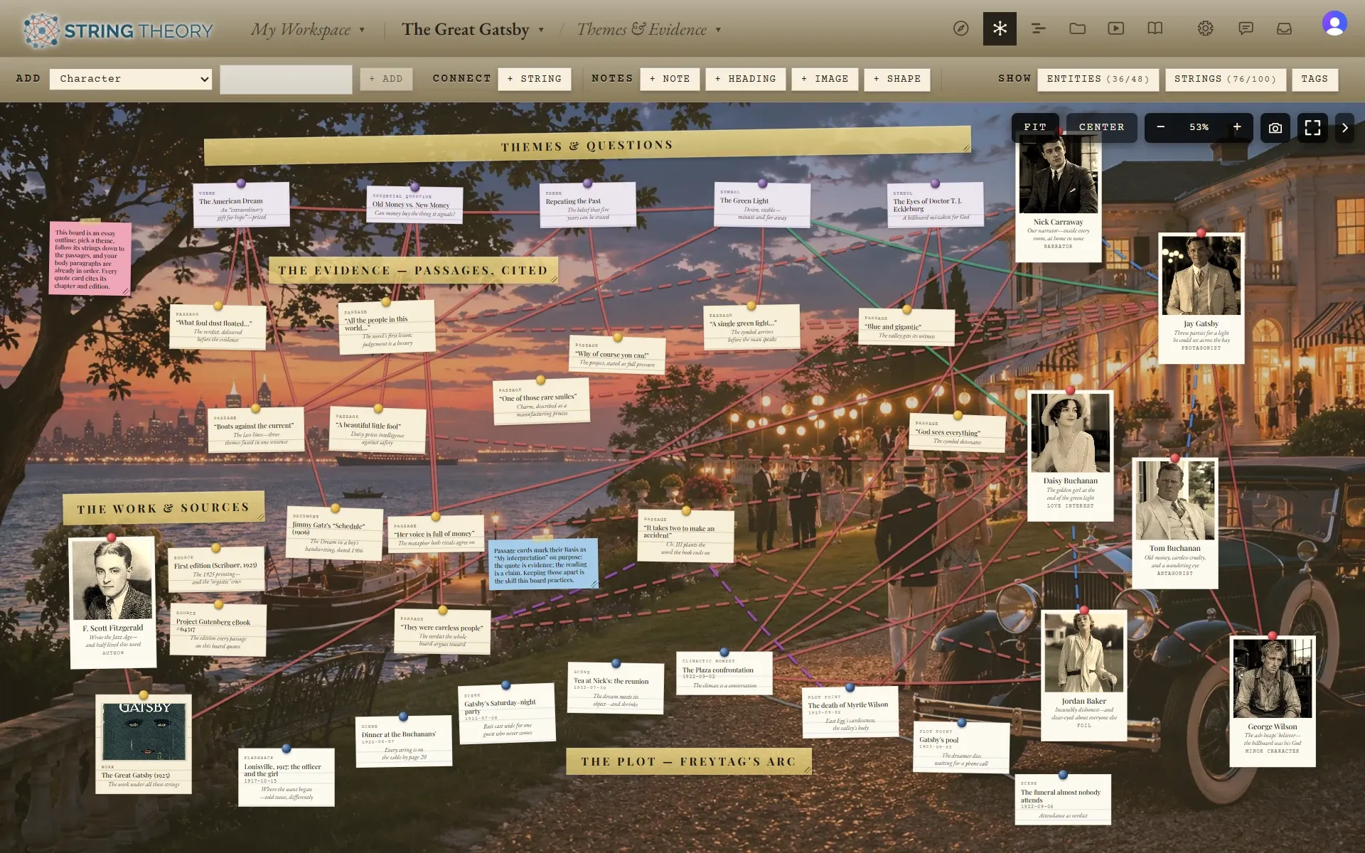 The same project’s second board, with headings for Themes and Questions, The Evidence, The Work and Sources, and The Plot, Freytag’s Arc, and dozens of small passage and theme cards connected by strings.