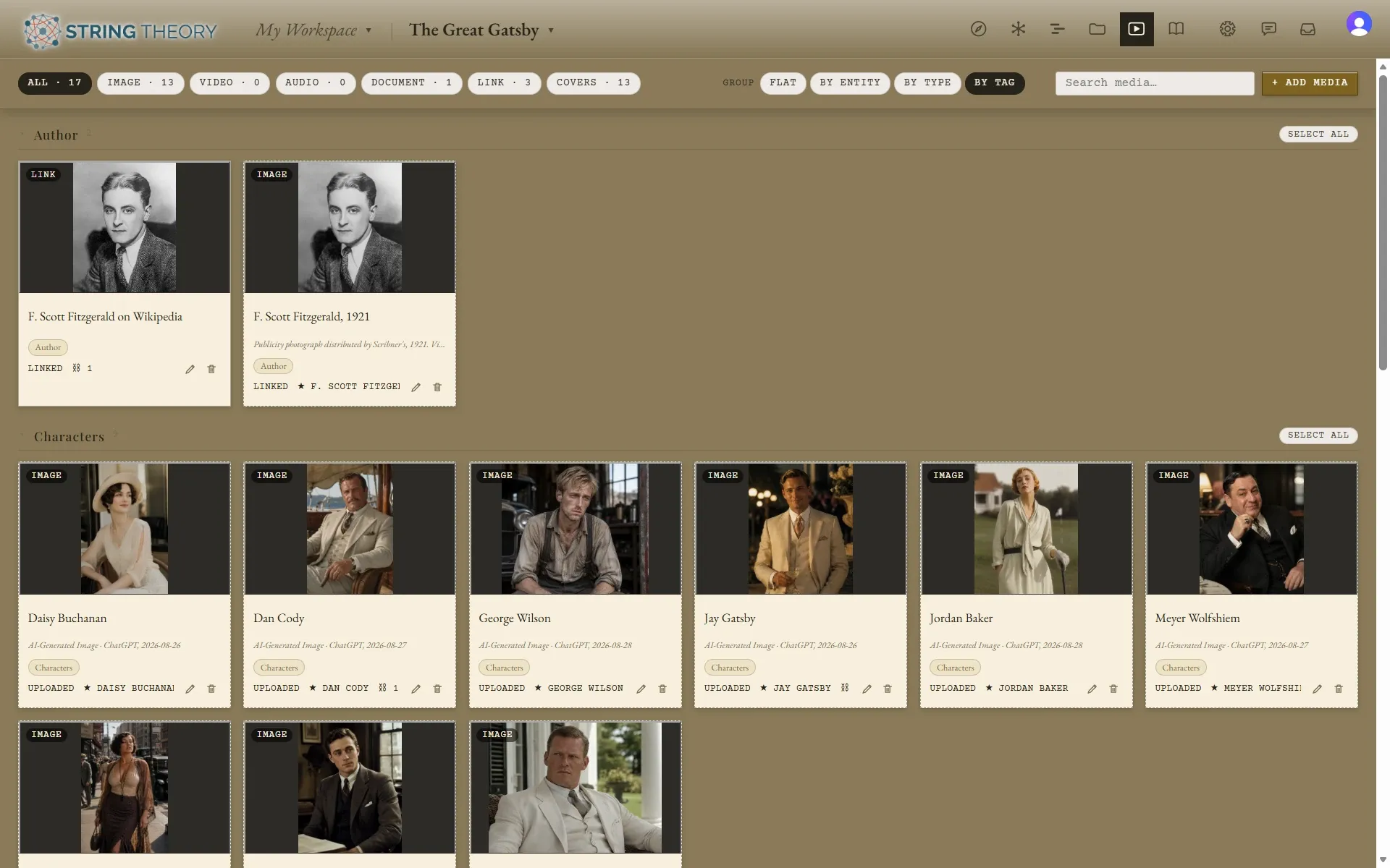 The Media gallery view with tiles grouped under headings for Author and Characters, showing a photograph of F. Scott Fitzgerald, a Wikipedia link, and portraits of Daisy Buchanan, Dan Cody, George Wilson, Jay Gatsby, Jordan Baker, and Meyer Wolfshiem.