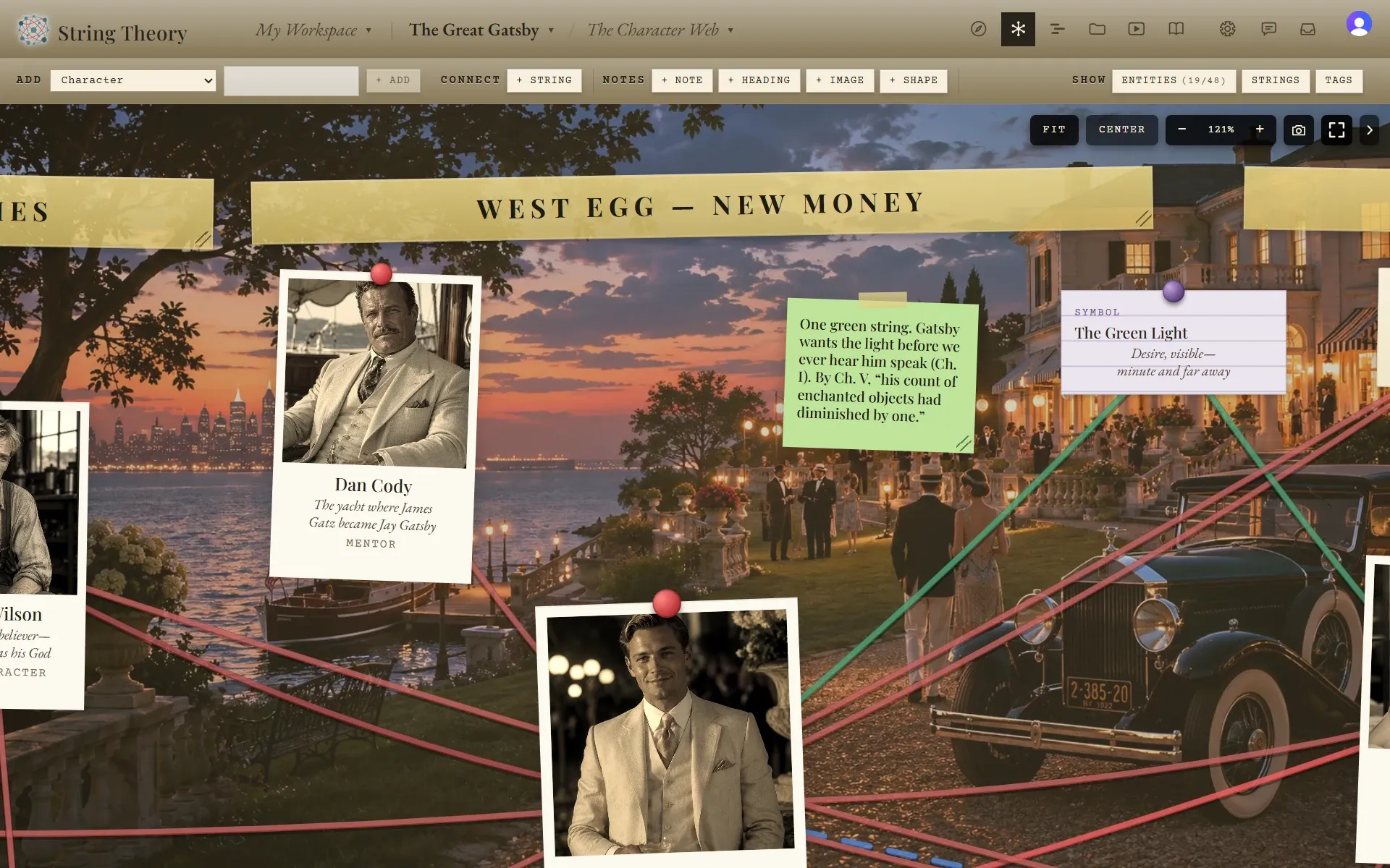A close view of the board with photo cards for Dan Cody and Jay Gatsby, a card for the Green Light, and a green sticky note explaining that Gatsby wants the light before he ever speaks in the novel.