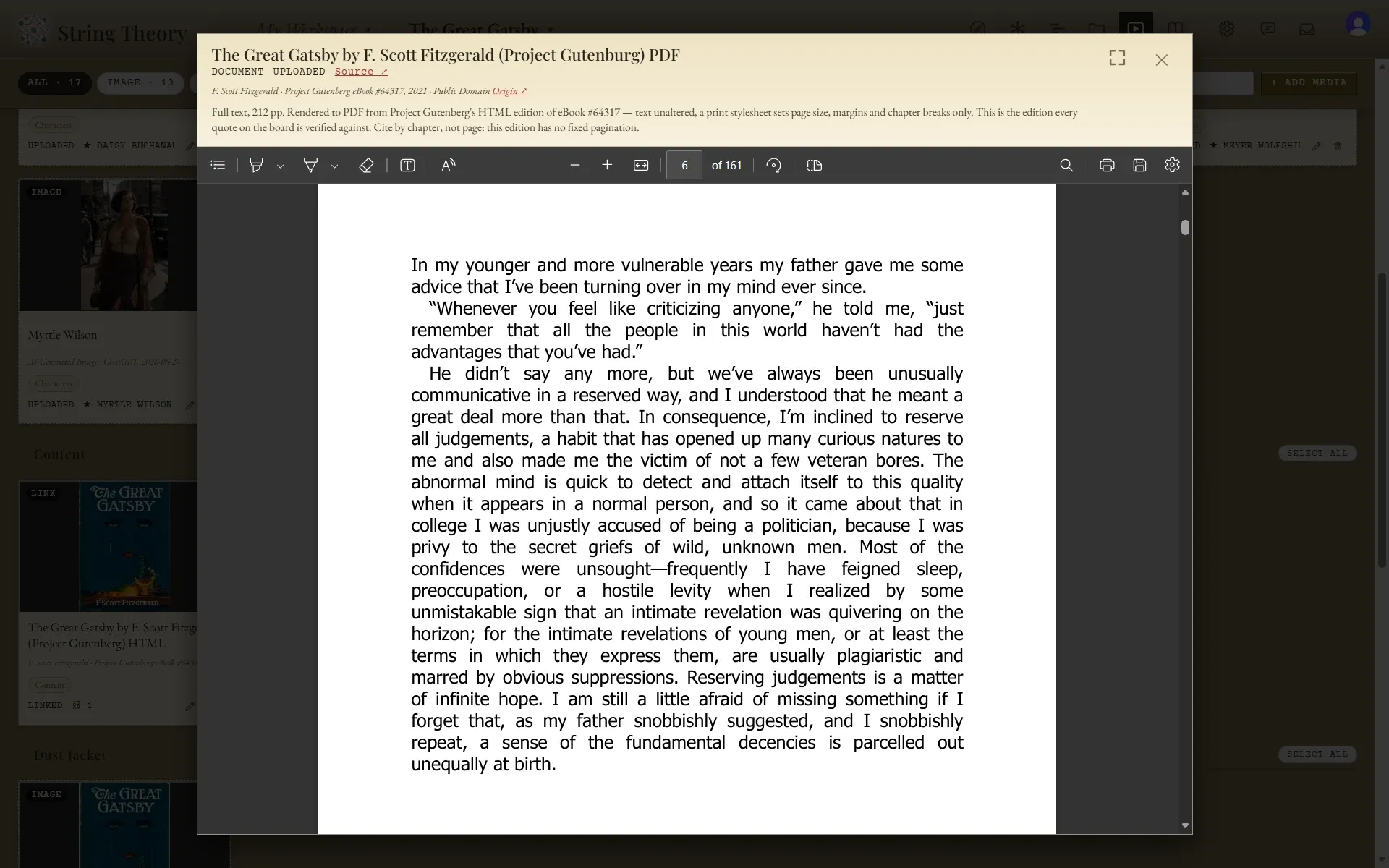 The media viewer showing a PDF of The Great Gatsby from Project Gutenberg open at the first page of chapter one, with a header naming the source and a public-domain license.