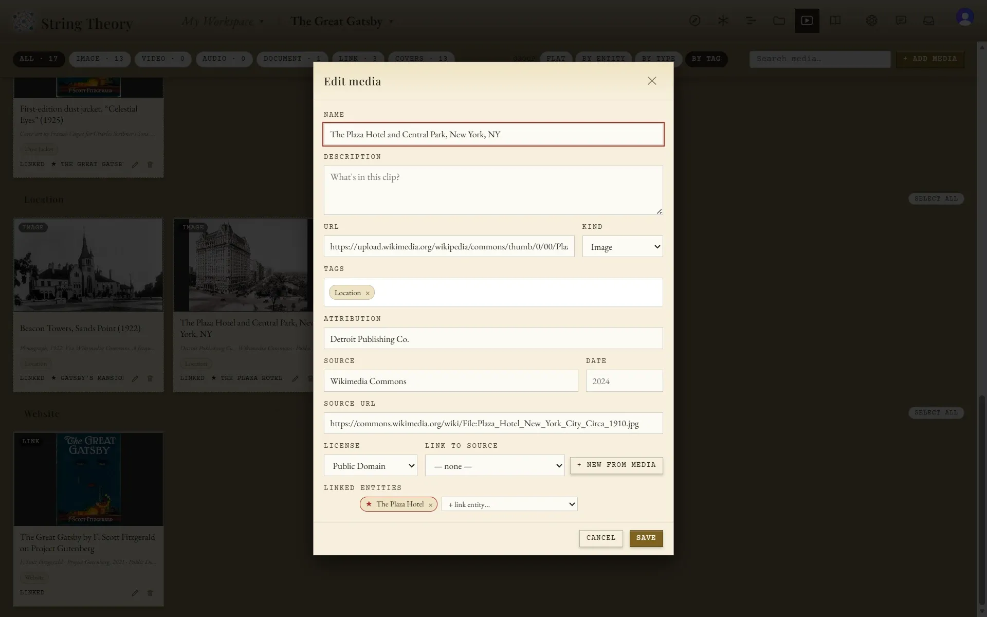 The Edit media dialog for a photograph of the Plaza Hotel, with fields for attribution reading Detroit Publishing Co., source reading Wikimedia Commons, a source URL, a license of Public Domain, and a linked entity.