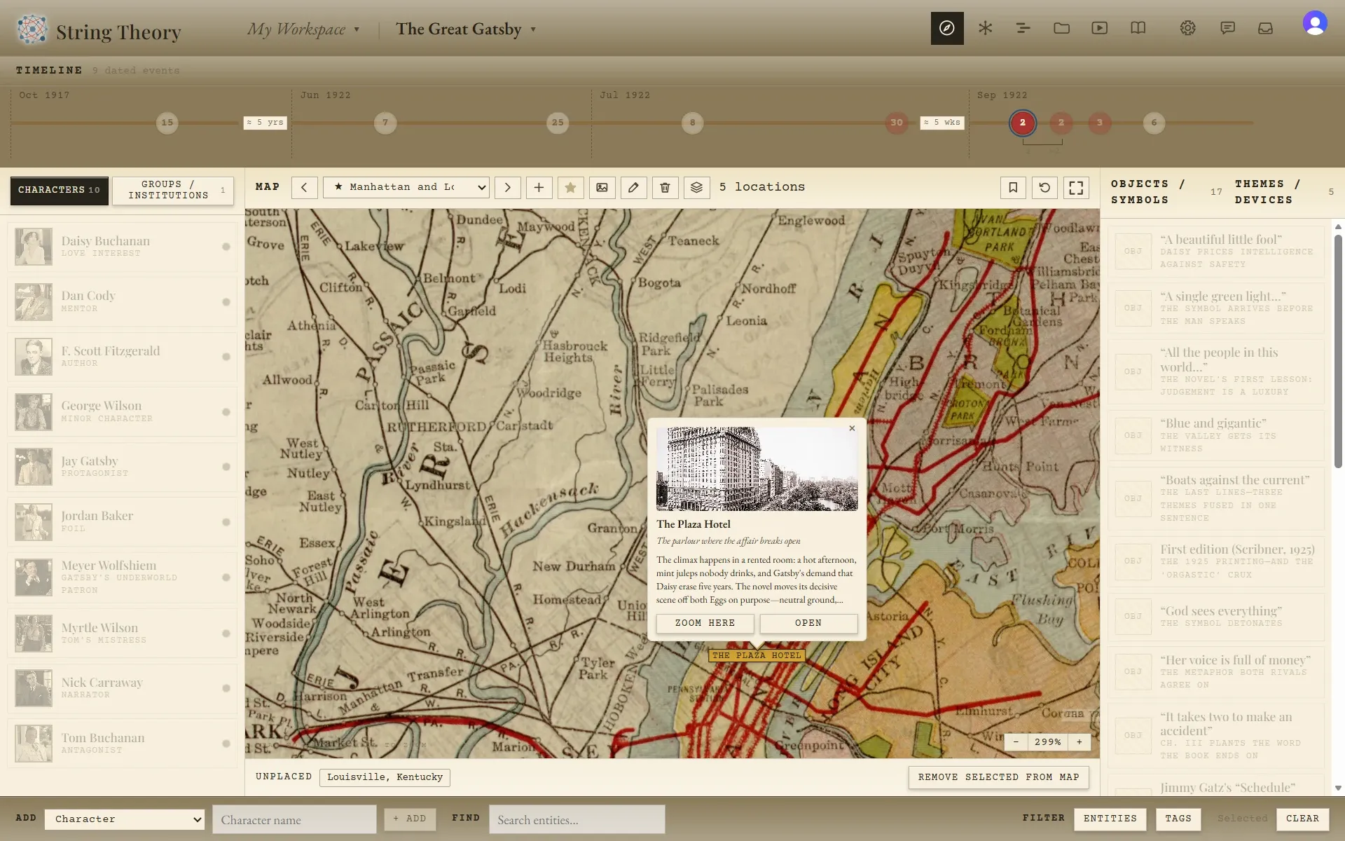 The Navigator view with the cast on the left, a 1920s map of Manhattan and the Hudson in the middle with a photo callout for the Plaza Hotel, and a column of quoted passages on the right.