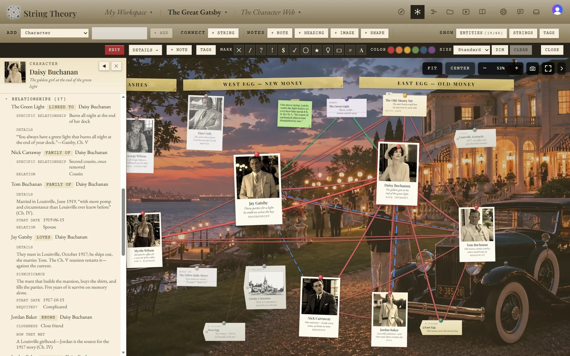 The board with a dossier panel docked on the left for Daisy Buchanan, open to a Relationships list showing strings from the Green Light, Nick Carraway, Tom Buchanan, Jay Gatsby, and Jordan Baker, each with its kind, details, dates, and significance.