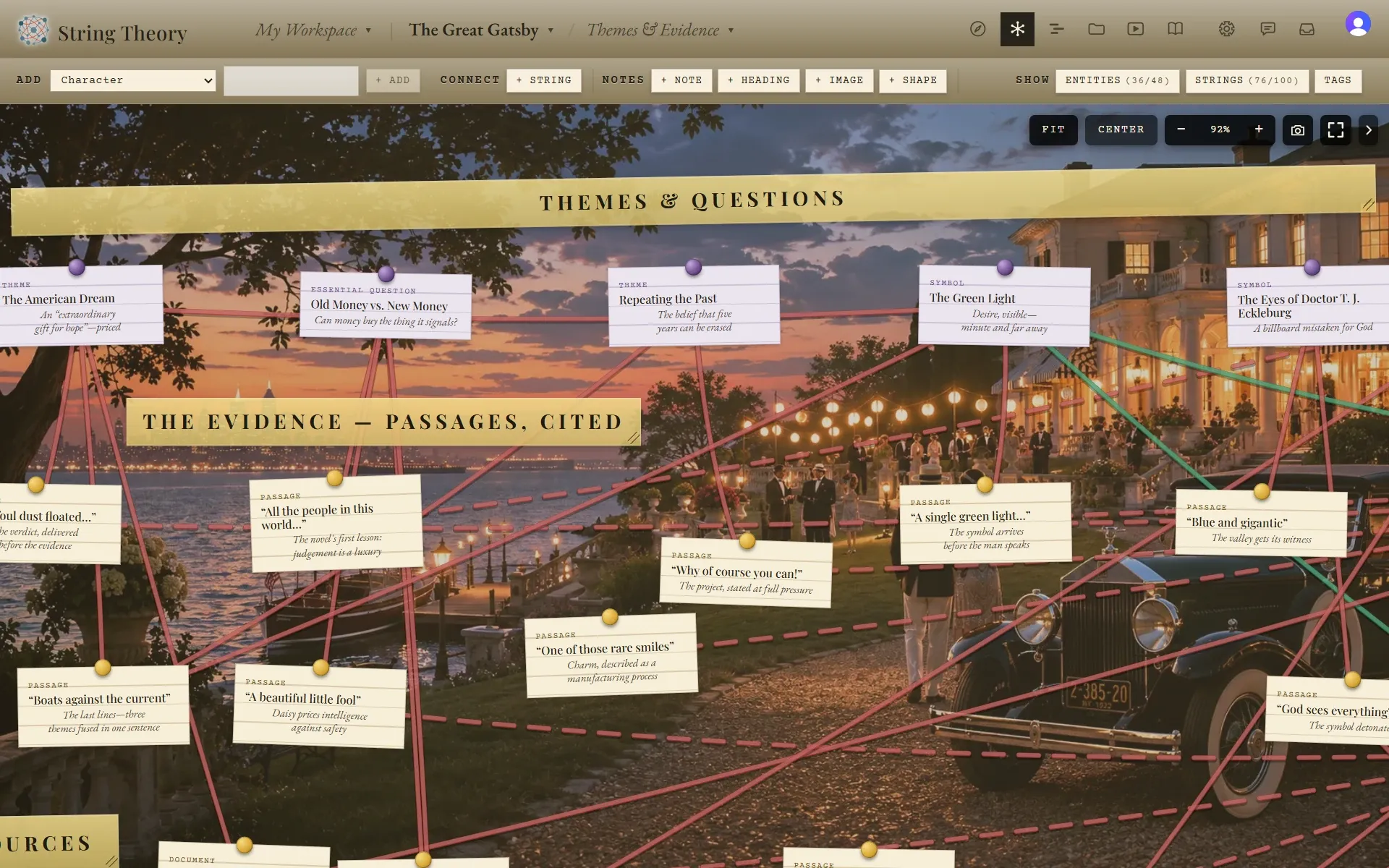A close view of a board with a masking-tape heading reading Themes and Questions over cards for the American Dream, Old Money versus New Money, Repeating the Past, the Green Light, and the Eyes of Doctor T. J. Eckleburg, and a second heading reading The Evidence, Passages Cited above quoted passage cards.