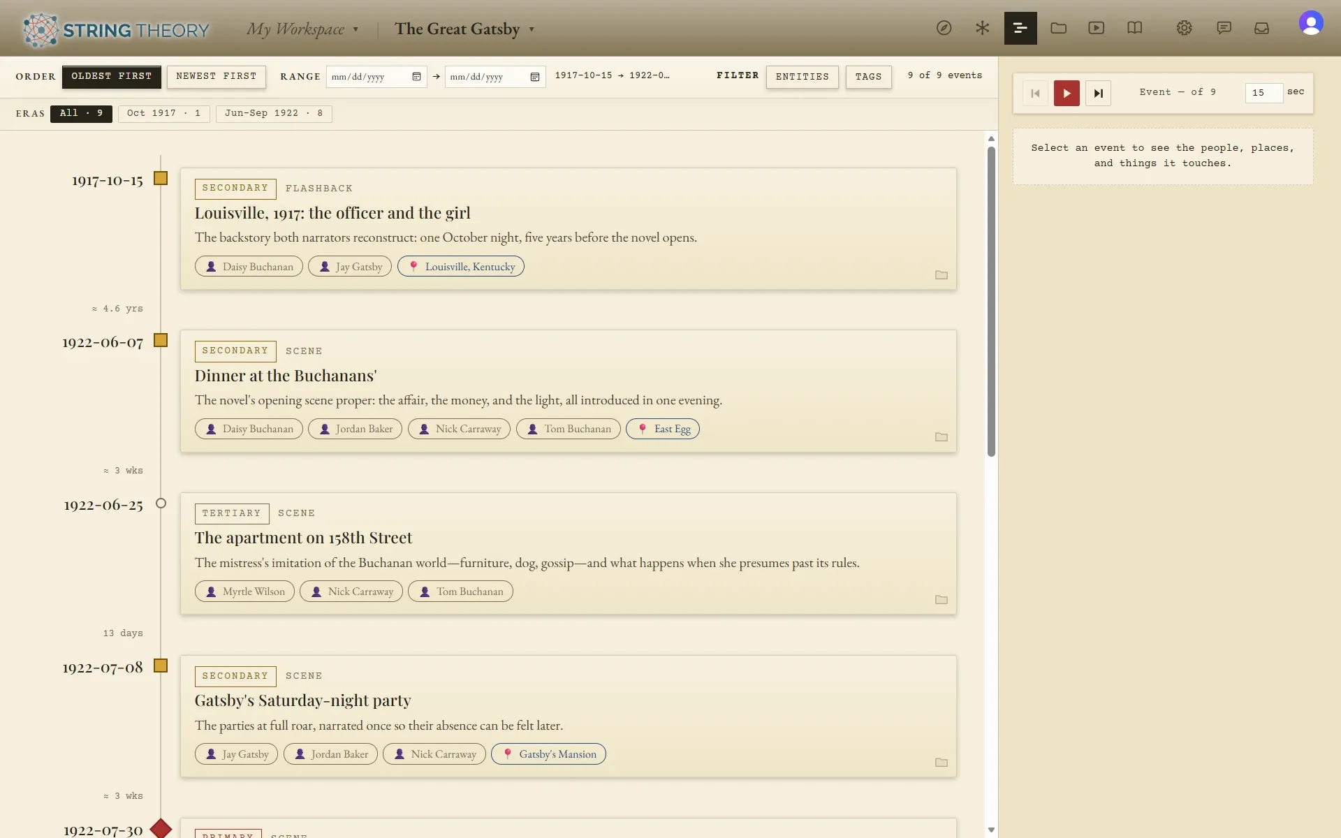 The Timeline view listing dated events oldest first: Louisville 1917, the officer and the girl, marked as a flashback, then the 1922 scenes, each with chips for the characters and settings involved.