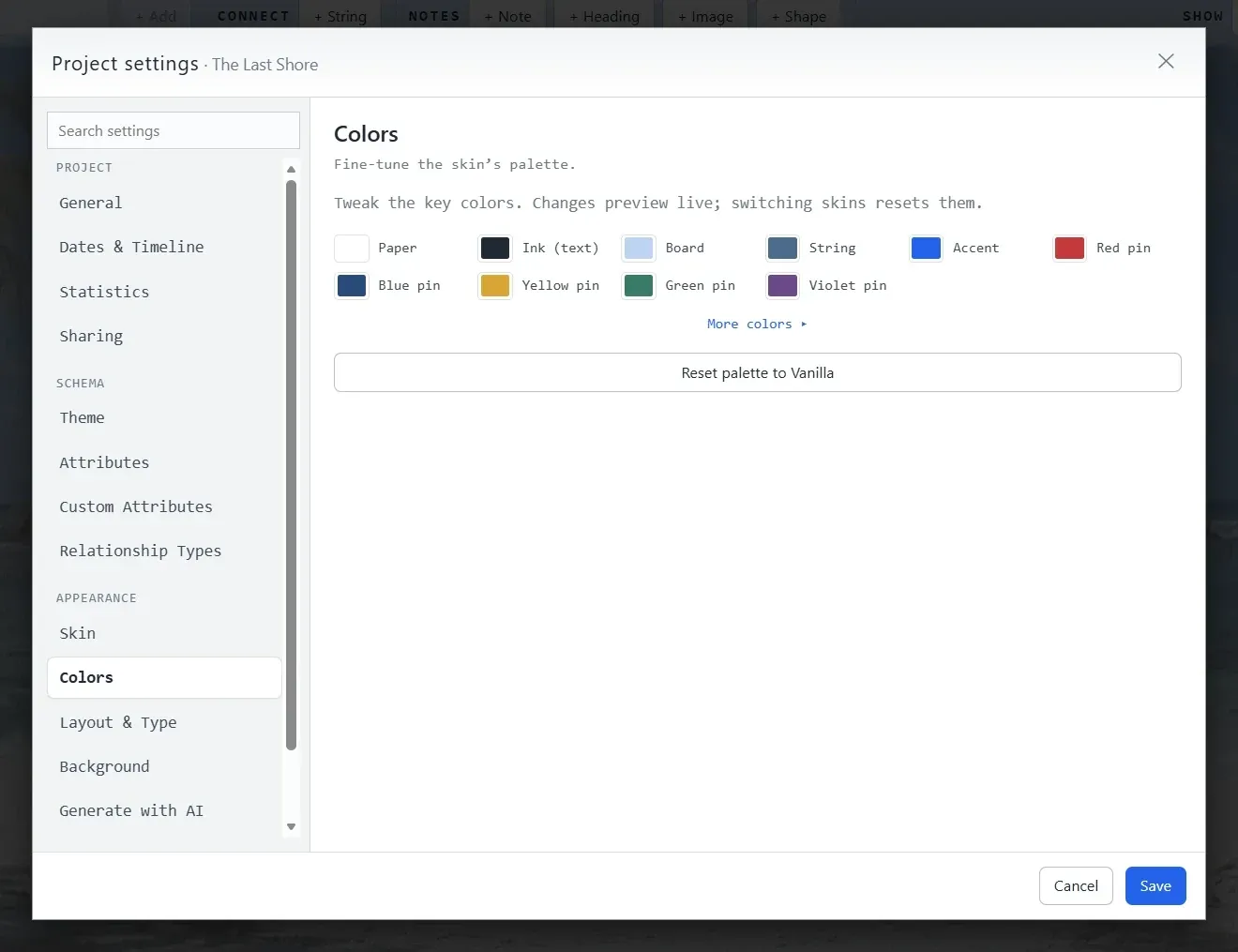 The Colors panel in Project settings: swatches for paper, ink, board, string, accent, and each pin color, a “more colors” link, and a button to reset the palette to Vanilla.