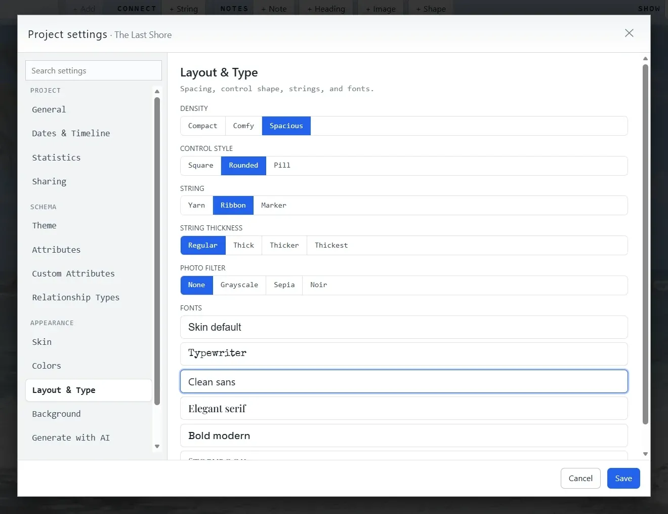 The Layout & Type panel in Project settings: toggles for density, control style, string material and thickness, photo filter, and a list of font choices including typewriter, clean sans, elegant serif, and bold modern.