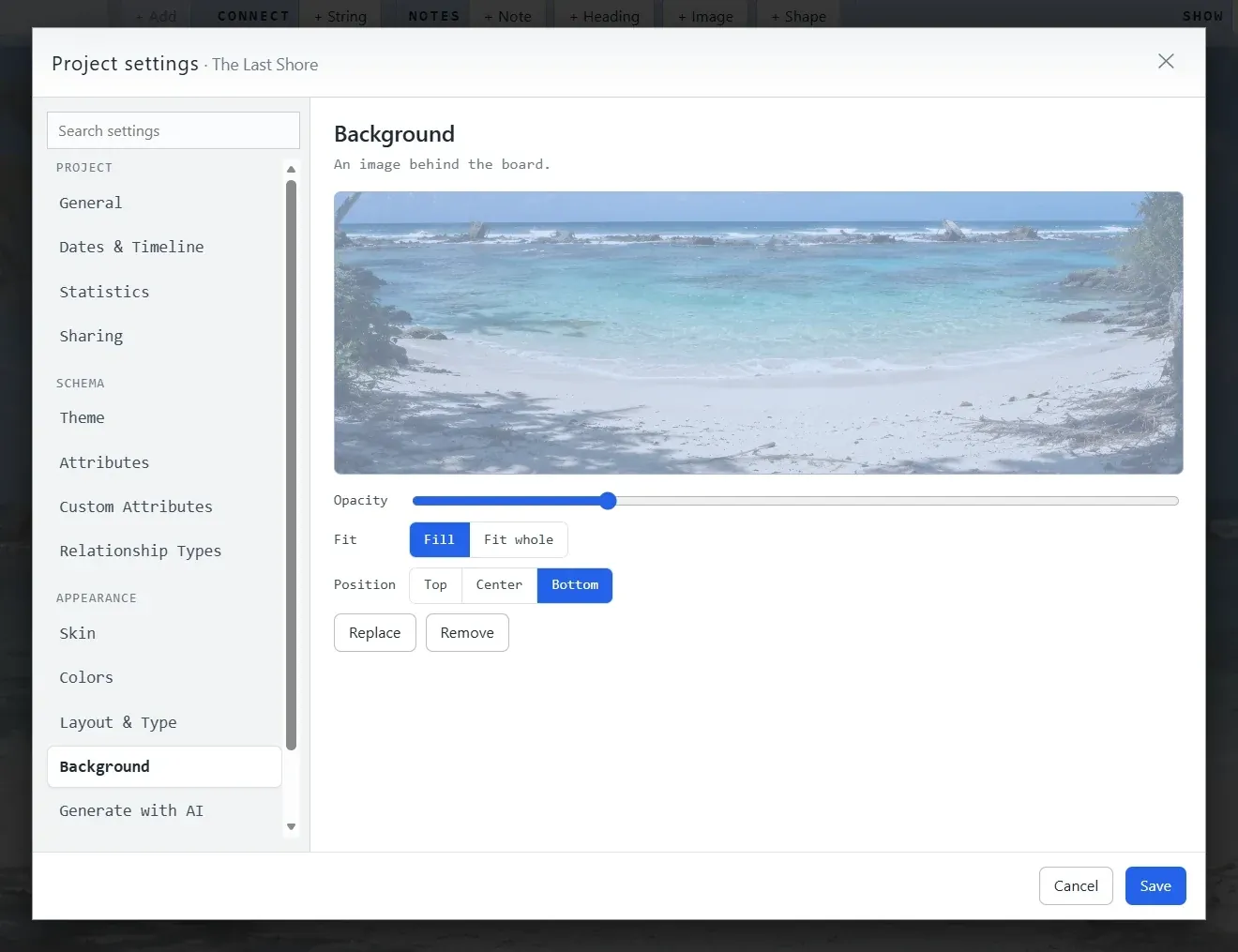 The Background panel in Project settings: a beach photograph set as the board background, with an opacity slider, fill/fit-whole toggles, a position control and Replace and Remove buttons.