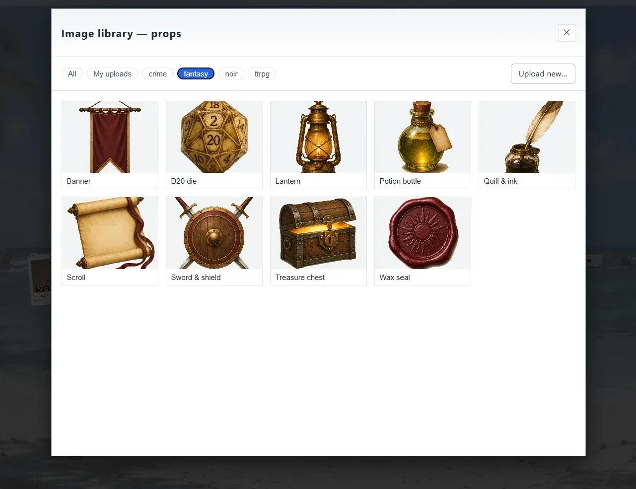 The image library’s props picker, filtered to the fantasy set: a banner, a d20 die, a lantern, a potion bottle, quill and ink, a scroll, a sword and shield, a treasure chest and a wax seal, with tabs for other sets and an Upload button.