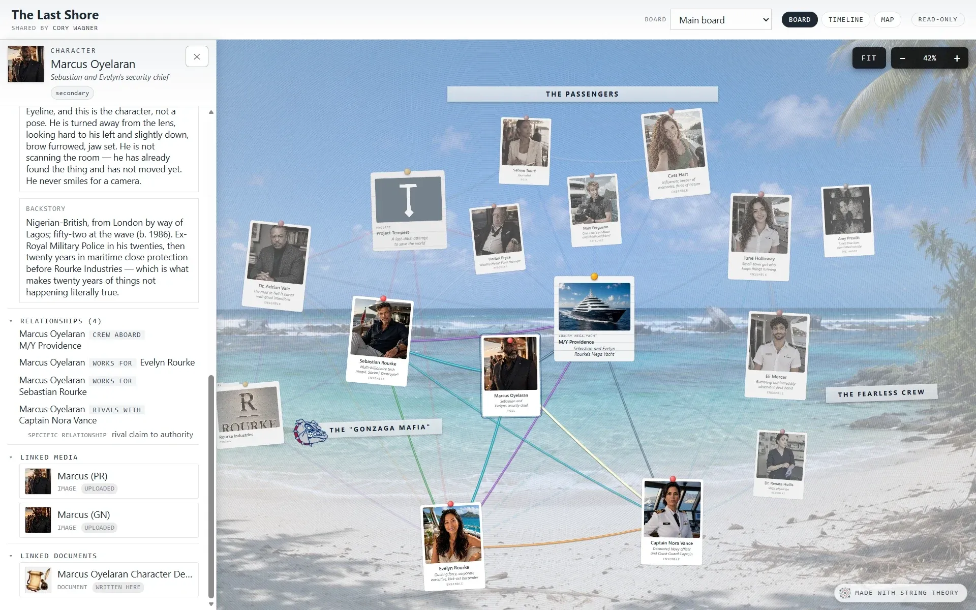 The shared board with a dossier panel open on the left for the character Marcus Oyelaran, showing his attributes, significance, appearance, backstory, relationships, linked media, and a linked document.
