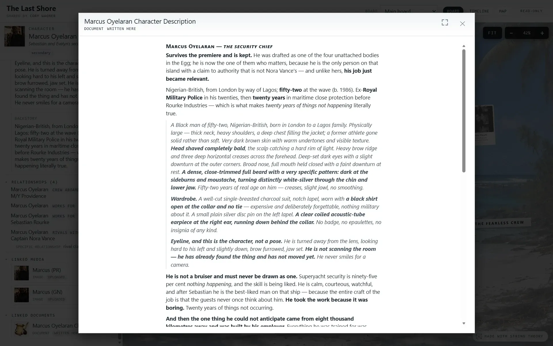 A written document titled “Marcus Oyelaran Character Description” open on the shared page, showing several paragraphs of formatted prose.