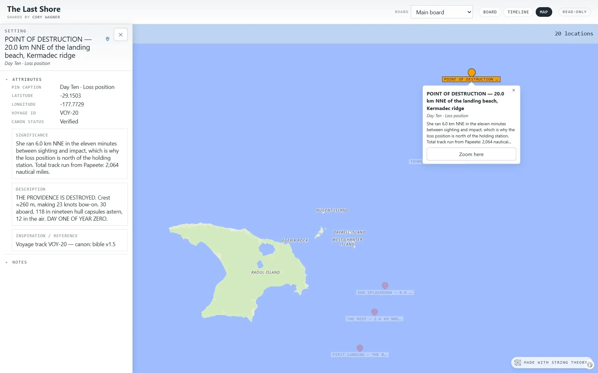 The shared Map showing an island and a callout for a pinned location reading “Point of destruction”, with its coordinates and significance in a side panel.