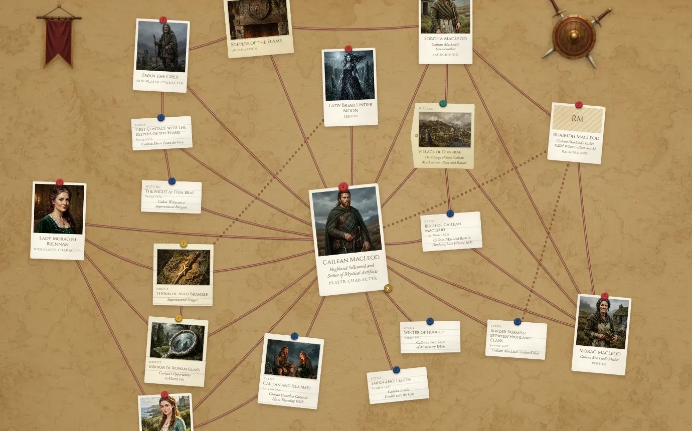 A close view of a campaign board: aged vellum cards with painted portraits over an old map, tied together with dark red cord.
