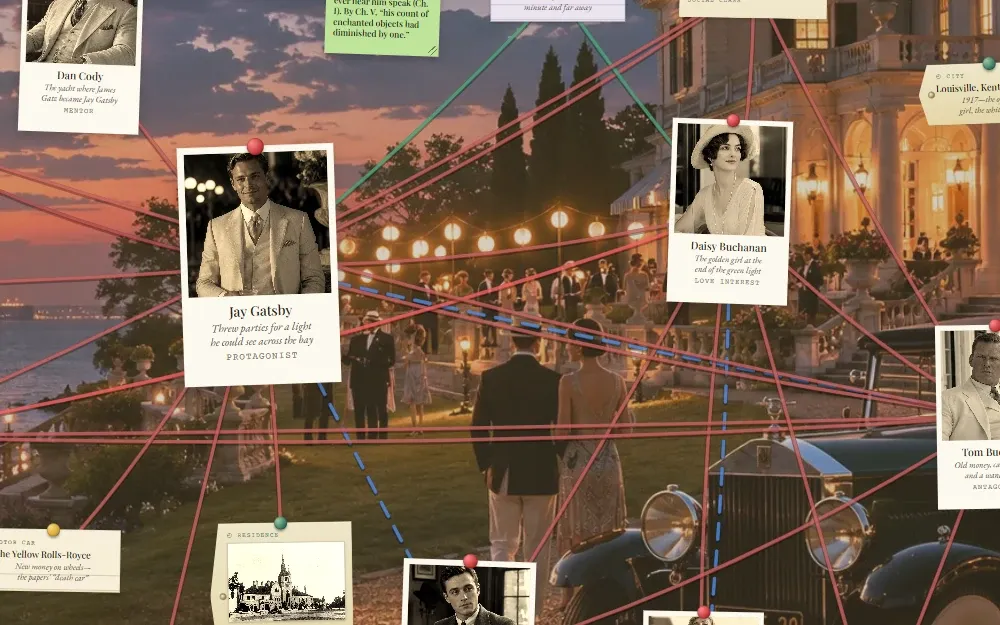 A close view of a Great Gatsby board on the Jazz Age skin: photo cards for Jay Gatsby, Daisy Buchanan, and Dan Cody over a painting of a lawn party at dusk, connected by red strings and a dashed blue one, with a green sticky note beside the Green Light card.