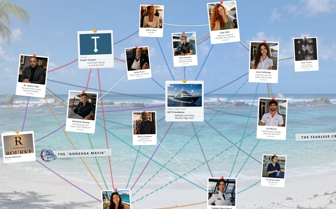 A close view of a novel's board: character photo cards over a beach, grouped under a heading reading The Passengers, connected by solid and dashed strings.