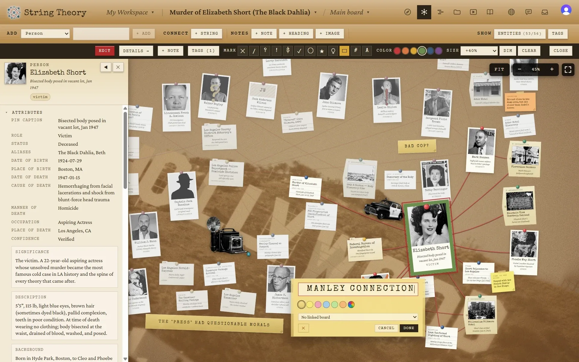 The board with a heading editor open reading “Manley connection” and a dossier panel for Elizabeth Short on the left.