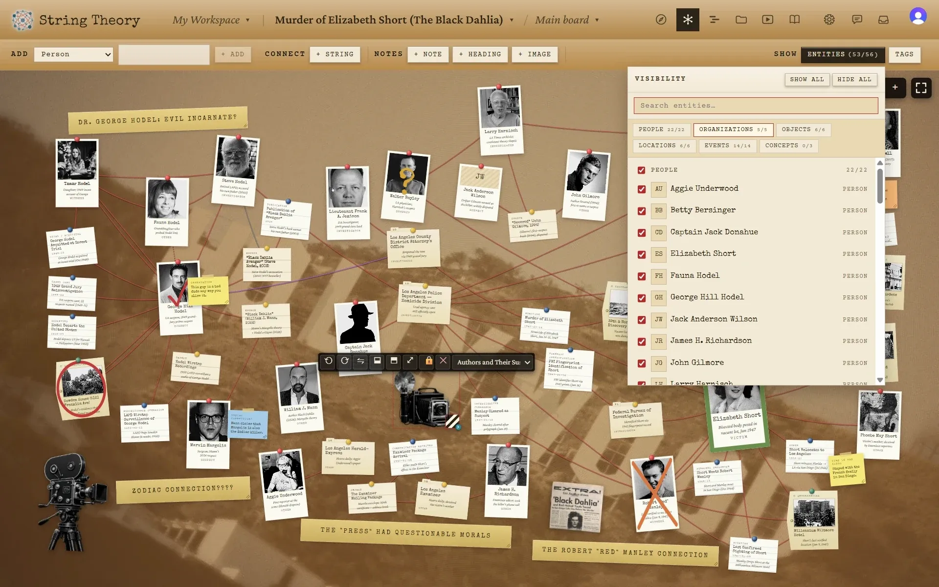The board with a side panel listing every entity by kind, each with a checkbox, and counts per kind.