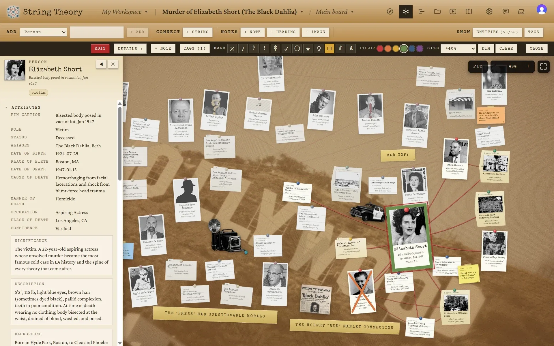 The String Board with a dossier panel docked on the left showing Elizabeth Short’s attributes, significance, and description.