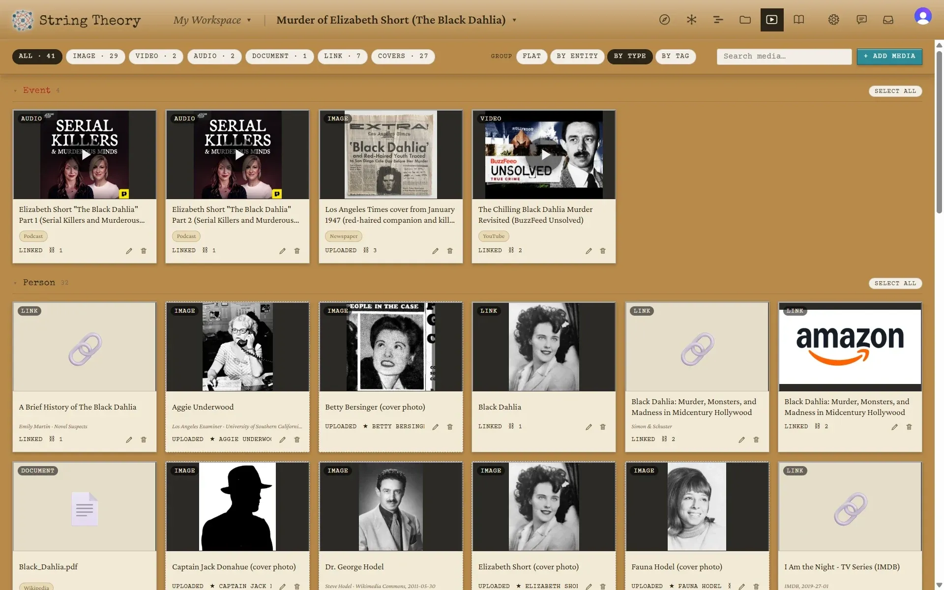 The Media gallery: a grid of tiles grouped by type, mixing podcast episodes, a newspaper front page, a video, photographs, and link cards.