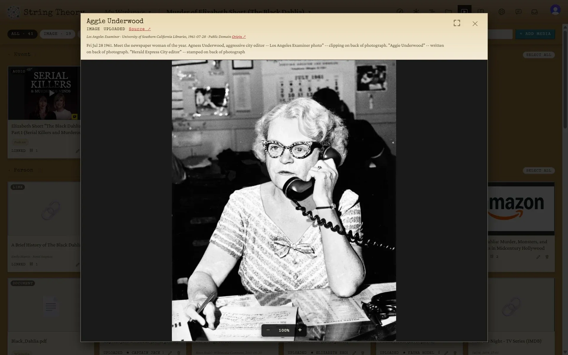 A photograph of Aggie Underwood open in the viewer, with a credit line naming the Los Angeles Examiner, USC Libraries, the date, and a public-domain license.