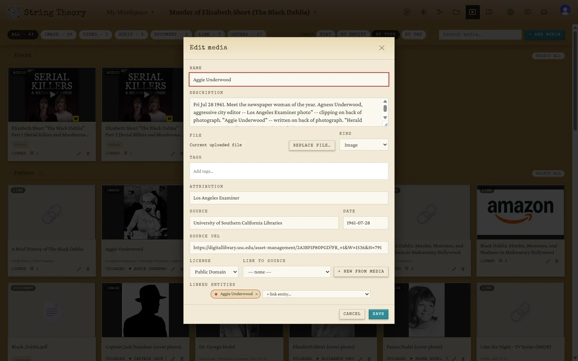The Edit media dialog for a photograph, with fields for attribution, source, date, source URL, license, and the entities it is linked to.
