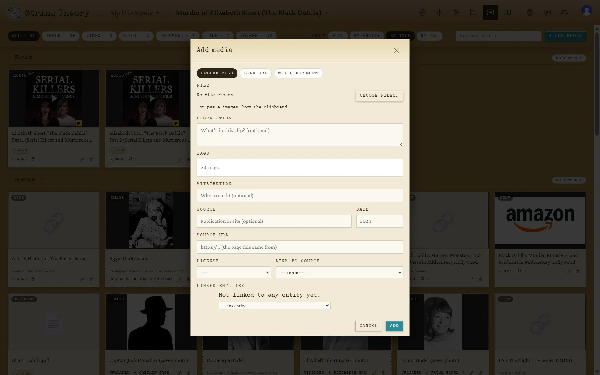 The Add media dialog with tabs for Upload file, Link URL, and Write document, and fields for description, tags, attribution, source, and license.