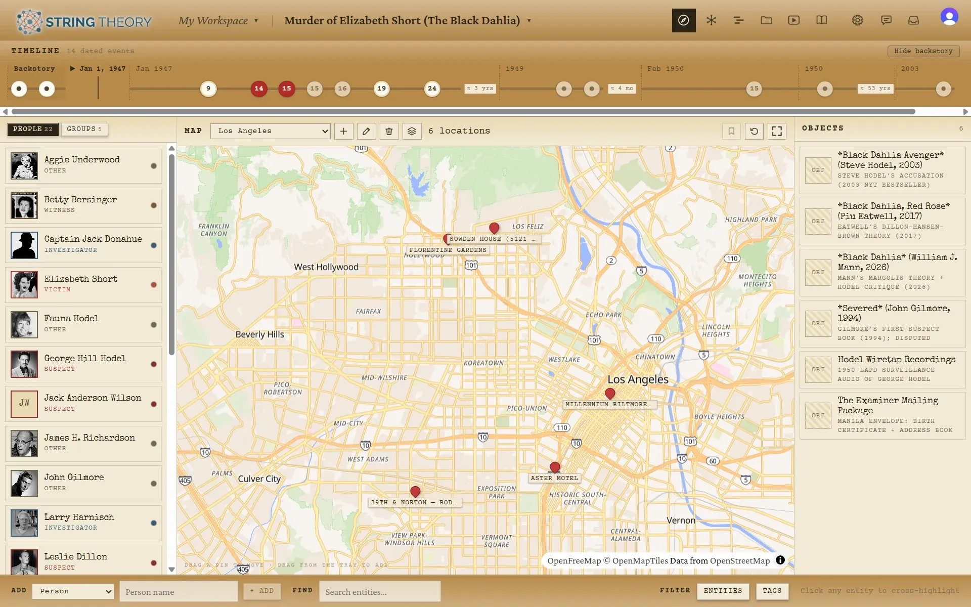 The Navigator dashboard: a cast list, a street map of Los Angeles with a photo callout for the Millennium Biltmore Hotel, an objects panel, and a timeline strip.