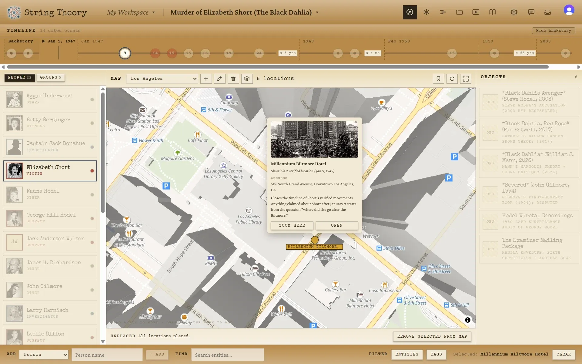 The Navigator map zoomed to downtown Los Angeles, with a callout for the Millennium Biltmore Hotel showing a photograph, the address, and a note on the case.