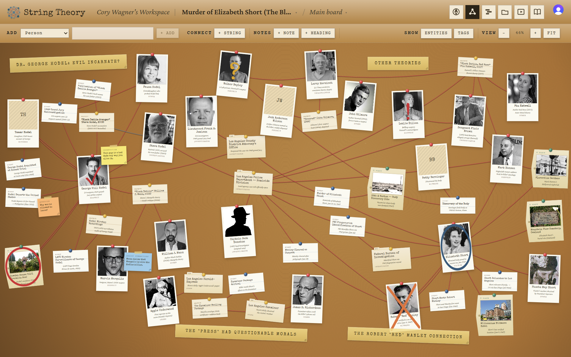 A String Theory board dressed in the noir skin, with polaroids and red strings on a corkboard background